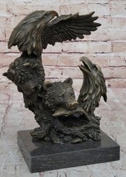 Eagles & Bear Hunting Fish Original Bronze Sculpture Statue Art by Milo on Marble Base