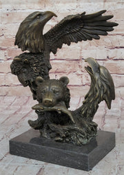 Eagles & Bear Hunting Fish Original Bronze Sculpture Statue Art by Milo on Marble Base