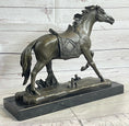 Load image into Gallery viewer, Saddled War Horse Working Equestrian Bronze Statue Sculpture after PJ Mene
