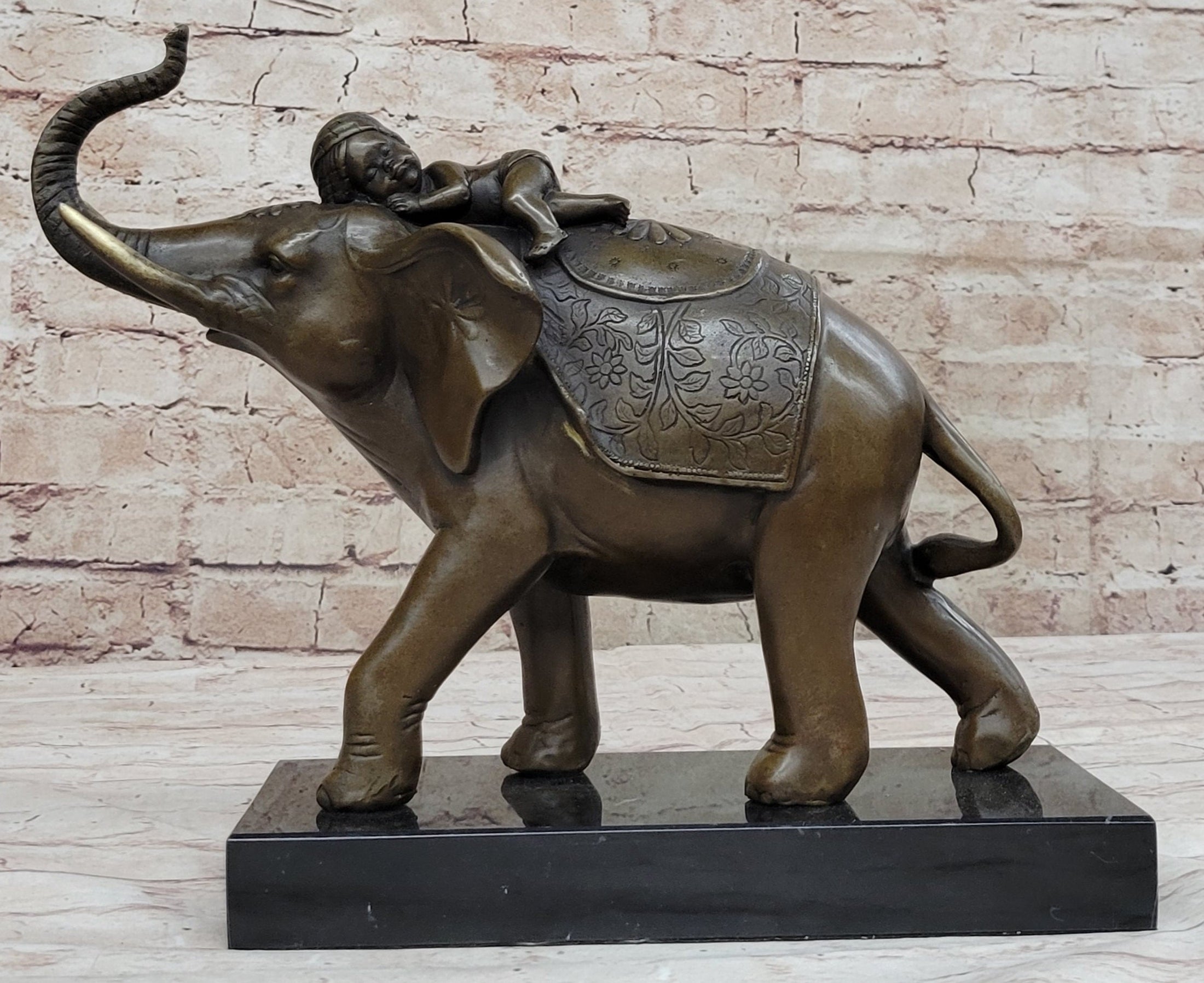 Boy Child Sleeping on Indian Elephant Bronze Statue Sculpture Decor on Marble Base