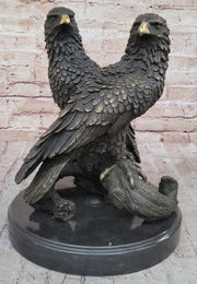 Two Juvenile American Bald Eagles Bronze Metal Statue Sculpture on Marble Base