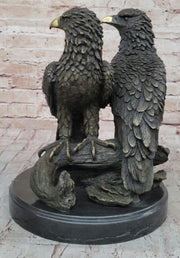 Two Juvenile American Bald Eagles Bronze Metal Statue Sculpture on Marble Base