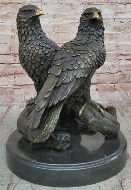 Two Juvenile American Bald Eagles Bronze Metal Statue Sculpture on Marble Base
