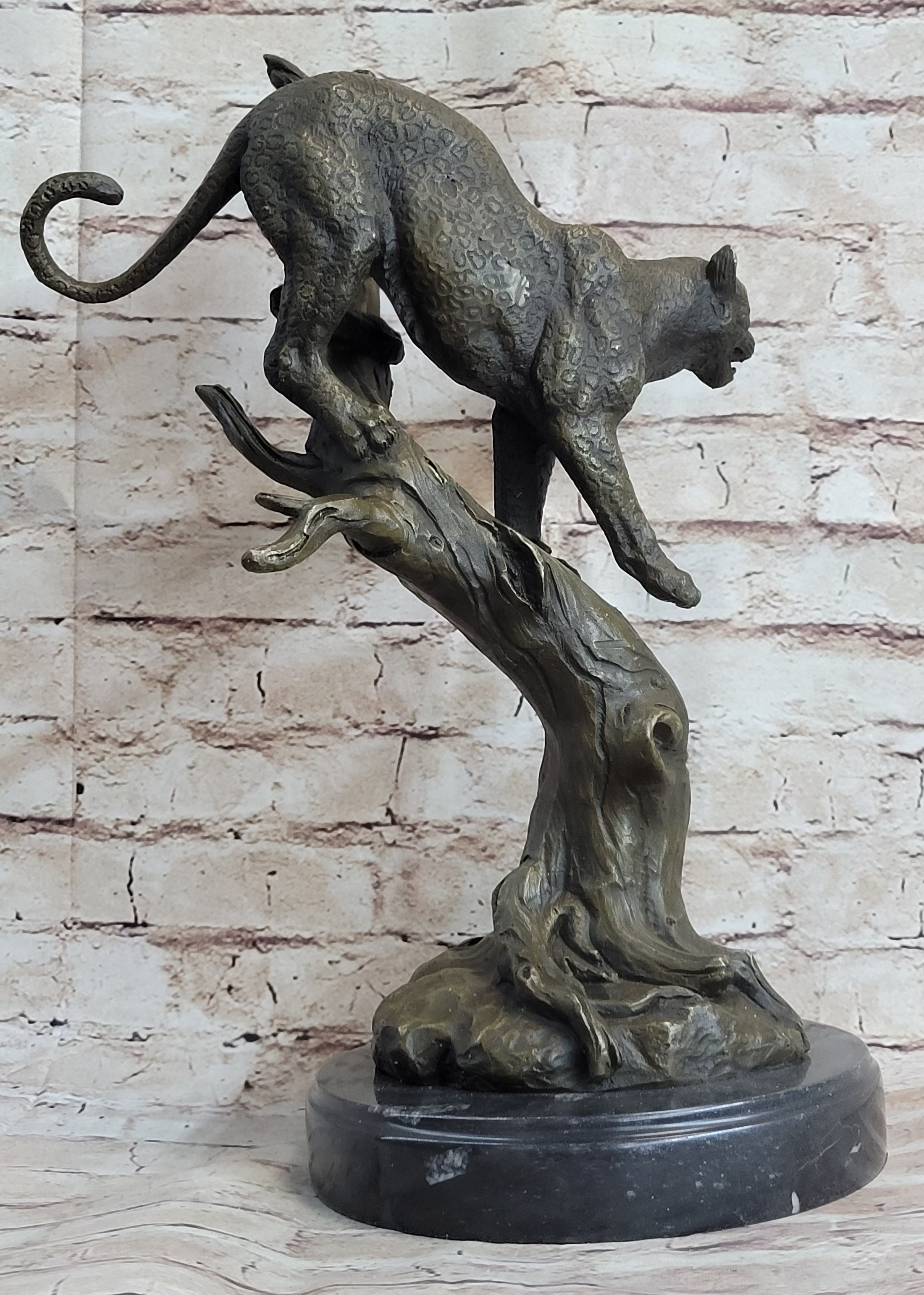 Puma Cougar Mountain Lion on Tree Branch Bronze Statue Sculpture Figurine Decor