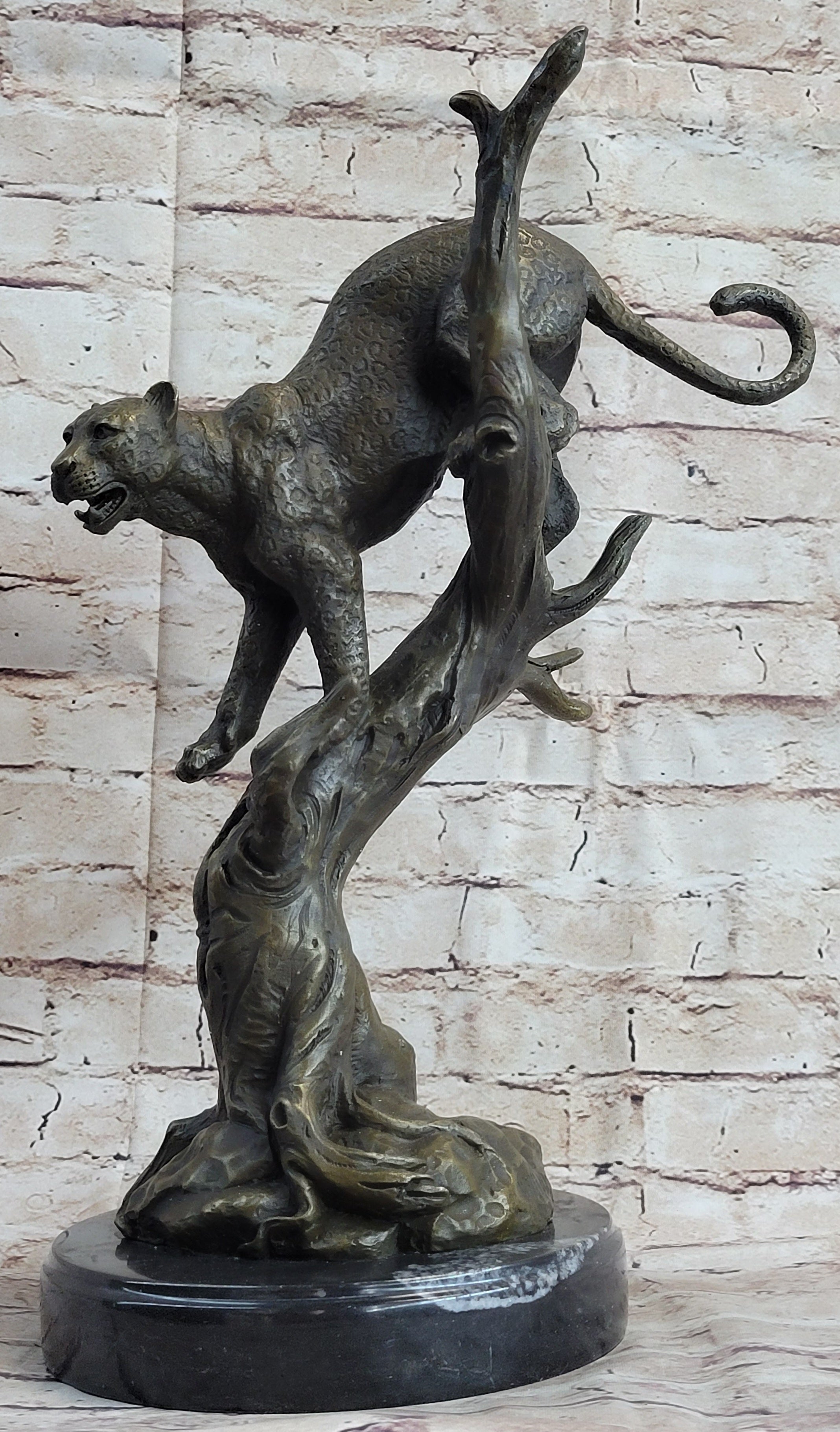 Puma Cougar Mountain Lion on Tree Branch Bronze Statue Sculpture Figurine Decor