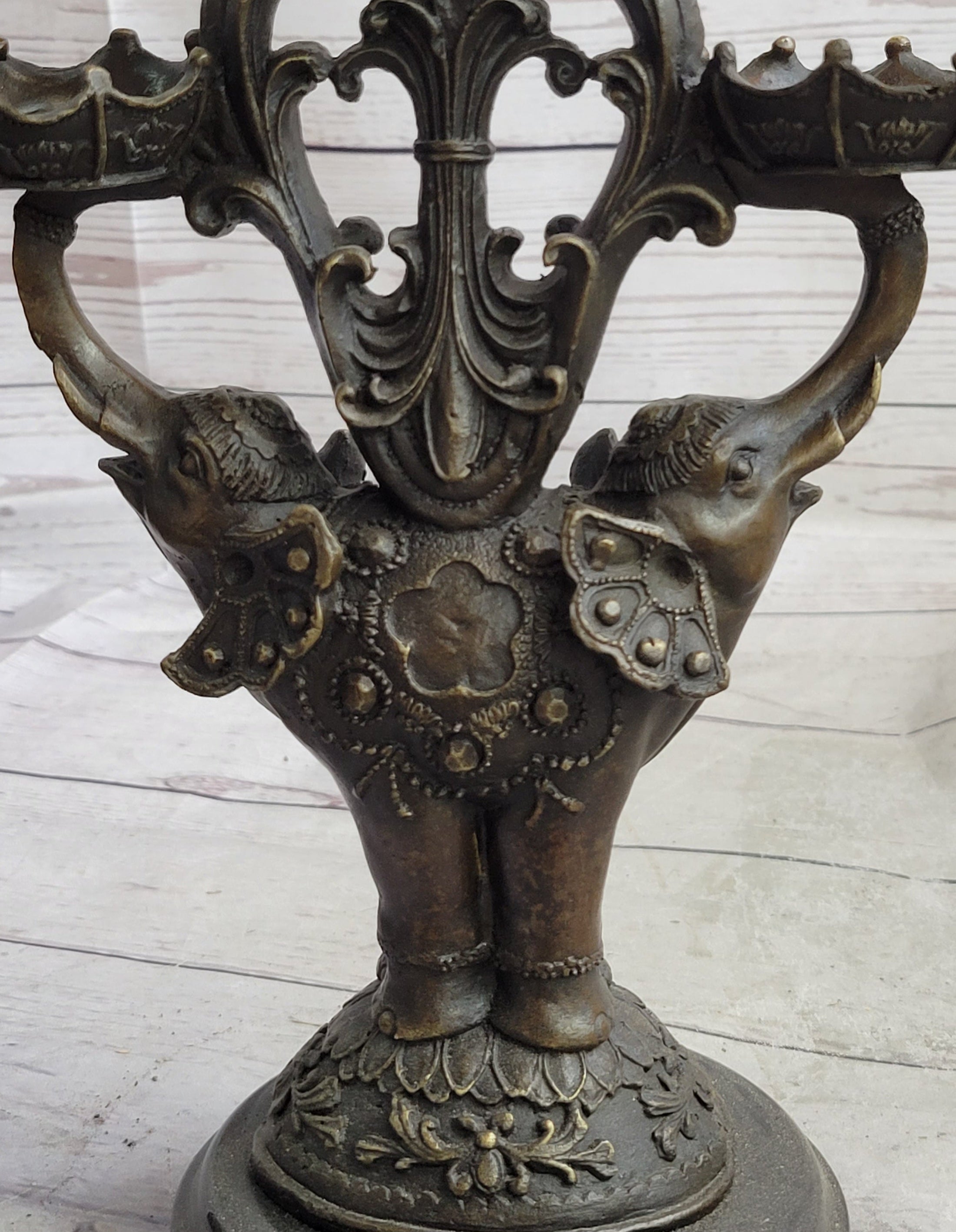Two Headed Elephant Candle Holder Bronze Sculpture Marble Base Figurine Statue