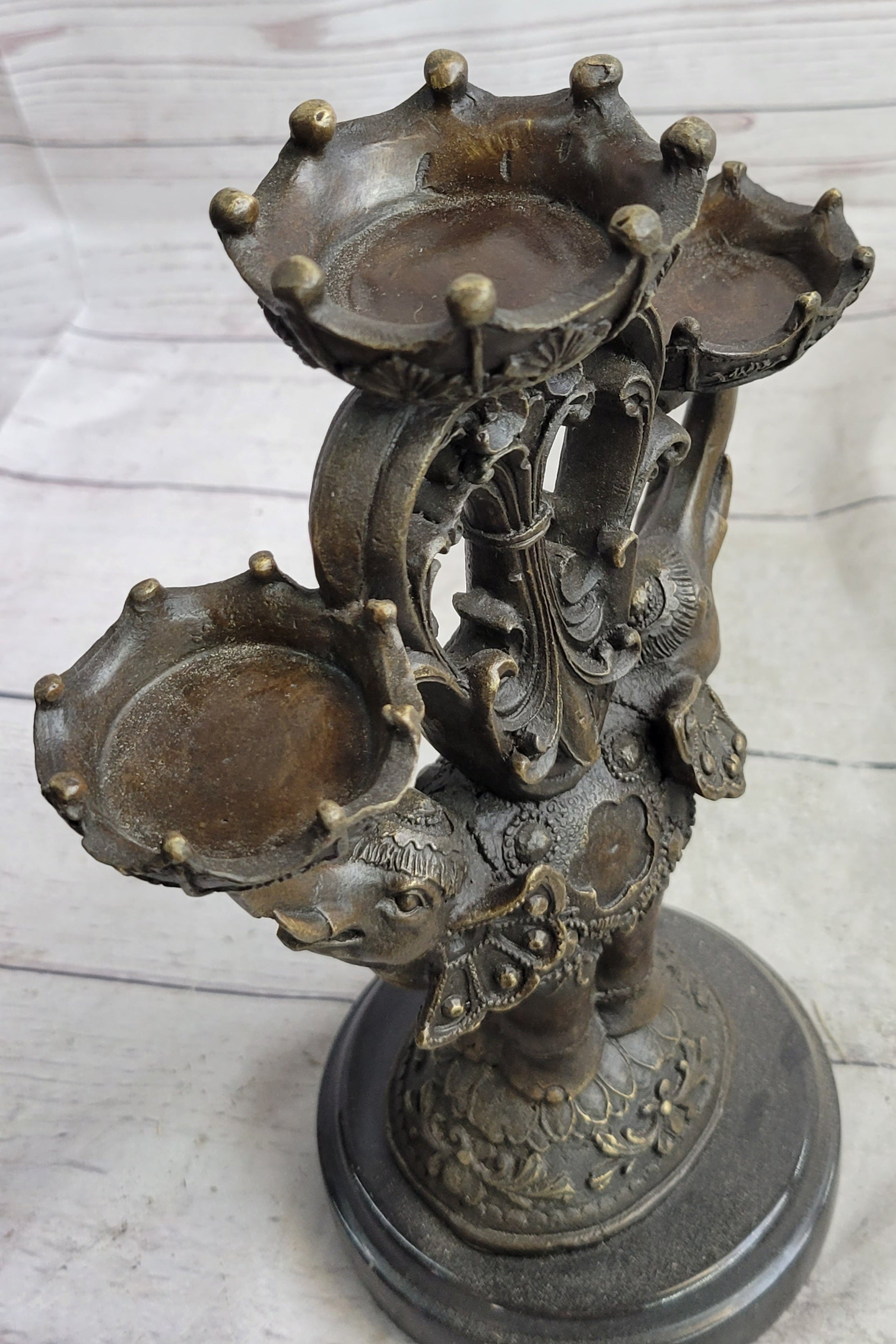 Two Headed Elephant Candle Holder Bronze Sculpture Marble Base Figurine Statue