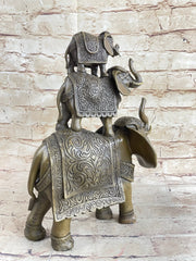 Stacked 3 Lucky Elephants Bronze Metal Statue Sculpture Figurine 12