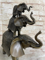 Stacked 3 Lucky Elephants Bronze Metal Statue Sculpture Figurine 12