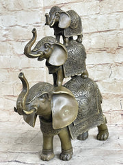 Stacked 3 Lucky Elephants Bronze Metal Statue Sculpture Figurine 12