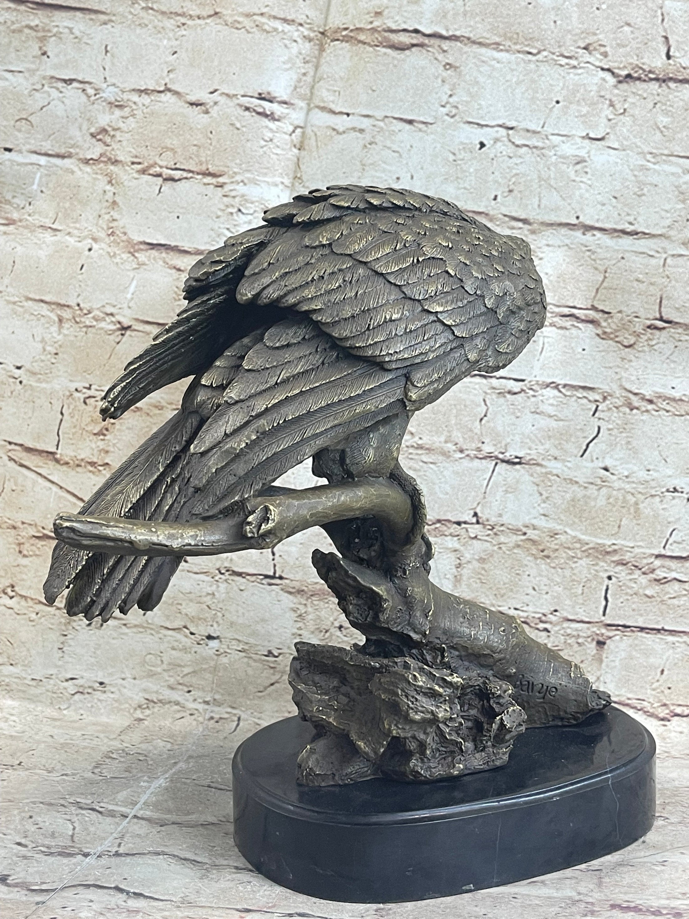 Signed Barye American Eagle On A Tree Branch Bronze Marble Figurine Art Figure