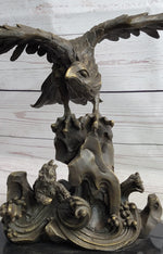 Eagle Landing on Waves Water Bronze Metal Statue Sculpture Figurine Decor Signed
