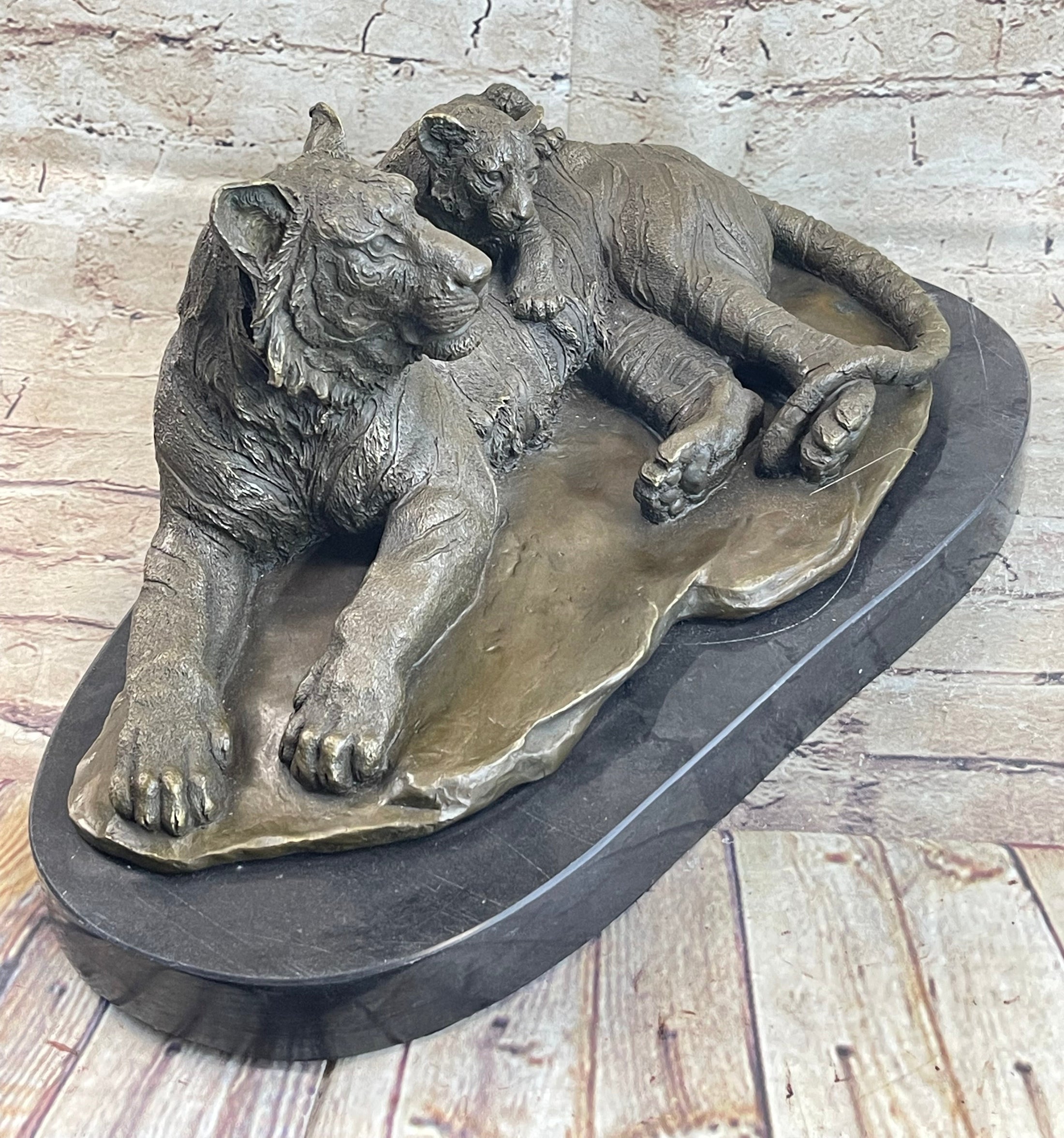 Tiger Family Mother & Cub Bronze Statue Sculpture Figure Marble Base Original Art 8" x 16"