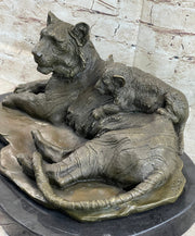 Tiger Family Mother & Cub Bronze Statue Sculpture Figure Marble Base Original Art 8