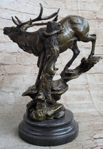 Bronze Marble Statue Elk Deer Stag Hunter Wildlife Art Sculpture Figure Lost Wax