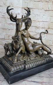 Greek Goddess Artemis Roman Diana Huntress Nude Bronze Sculpture w/ Deer by Milo