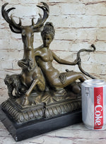 Greek Goddess Artemis Roman Diana Huntress Nude Bronze Sculpture w/ Deer by Milo