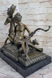Greek Goddess Artemis Roman Diana Huntress Nude Bronze Sculpture w/ Deer by Milo