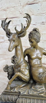 Greek Goddess Artemis Roman Diana Huntress Nude Bronze Sculpture w/ Deer by Milo