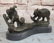 Three Elephants Family - Hot Cast Bronze Sculpture of African Wildlife on Marble Base