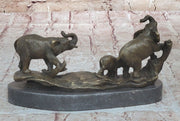 Three Elephants Family - Hot Cast Bronze Sculpture of African Wildlife on Marble Base