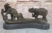 Three Elephants Family - Hot Cast Bronze Sculpture of African Wildlife on Marble Base