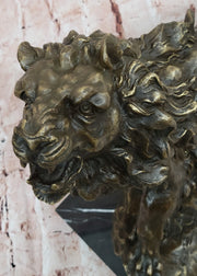 Majestic Bronze Lion in Roaring Pose – Dynamic Wildlife Sculpture on Marble Base