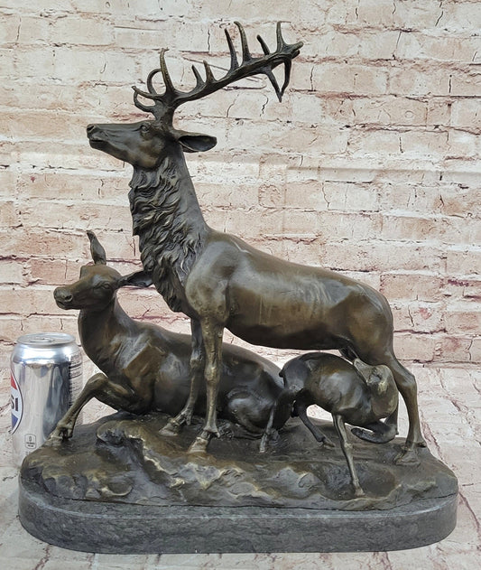 Bronze Sculpture Deer Fawn Stag Buck Family Home Decor Marble Figure Statue 