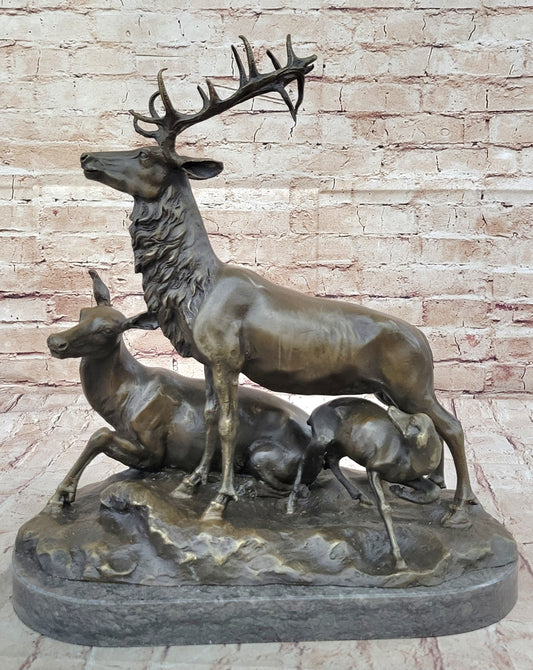Bronze Sculpture Deer Fawn Stag Buck Family Home Decor Marble Figure Statue 