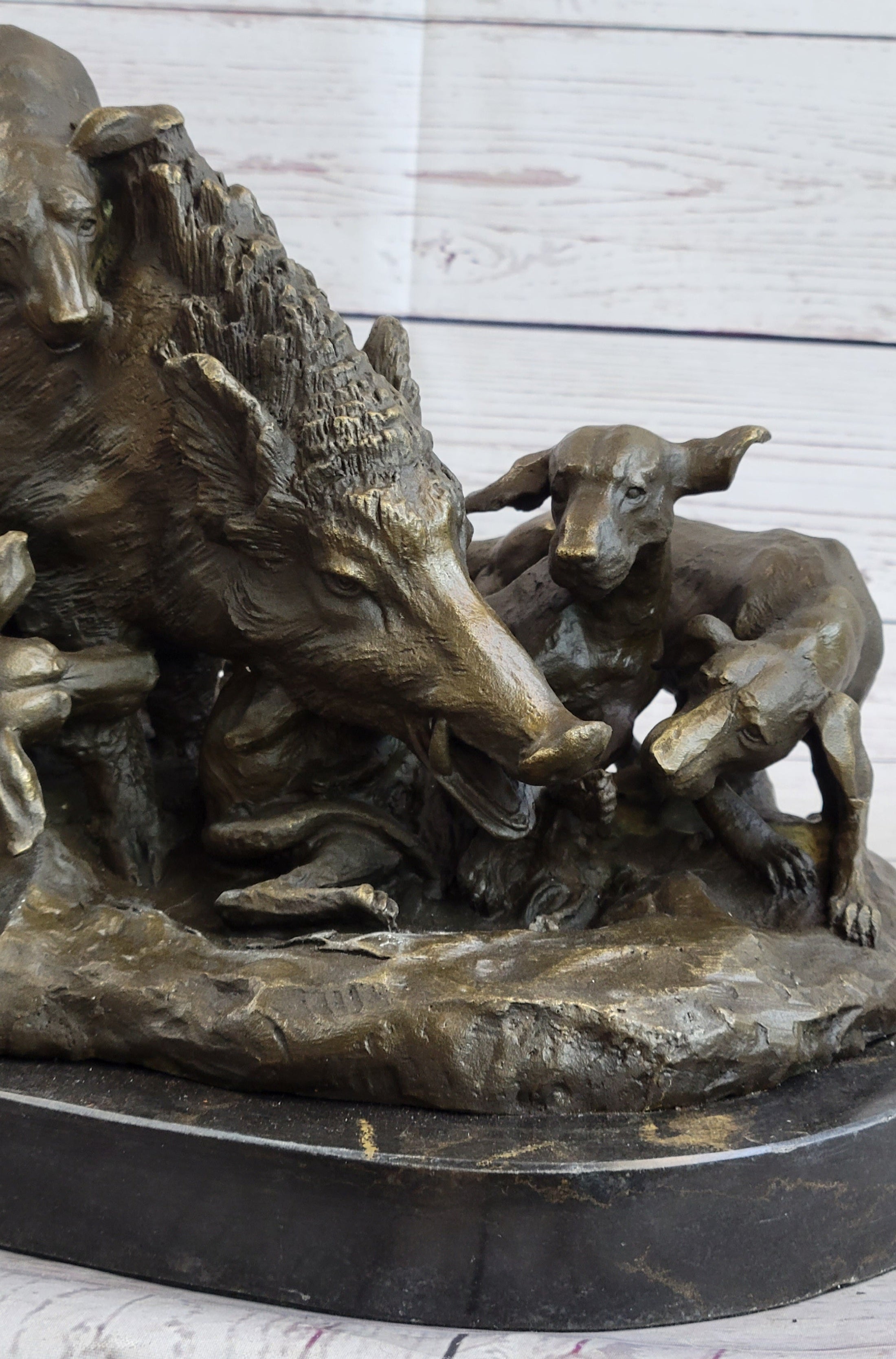 Handmade Vintage Lecourtier Wild Boar & Dogs Bronze Sculpture Figurine Figure
