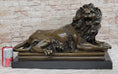 Load image into Gallery viewer, Roaring Guardian Lion Laying Down Bronze Statue Sculpture on Marble Base after Antoine Barye
