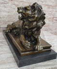 Load image into Gallery viewer, Roaring Guardian Lion Laying Down Bronze Statue Sculpture on Marble Base after Antoine Barye
