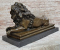 Load image into Gallery viewer, Roaring Guardian Lion Laying Down Bronze Statue Sculpture on Marble Base after Antoine Barye
