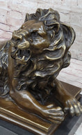Load image into Gallery viewer, Roaring Guardian Lion Laying Down Bronze Statue Sculpture on Marble Base after Antoine Barye
