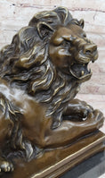Load image into Gallery viewer, Roaring Guardian Lion Laying Down Bronze Statue Sculpture on Marble Base after Antoine Barye
