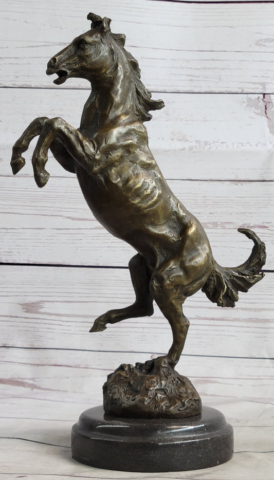 Signed Barye Excited Rearing Horse Bronze Marble Sculpture Racing Marble Figure
