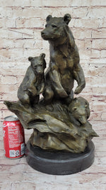 Large Mother Bear With her Cubs on a Rock Bronze Art Deco Marble Sculpture Barye