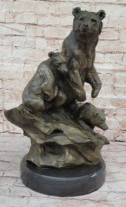 Large Mother Bear With her Cubs on a Rock Bronze Art Deco Marble Sculpture Barye