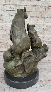 Large Mother Bear With her Cubs on a Rock Bronze Art Deco Marble Sculpture Barye