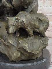 Large Mother Bear With her Cubs on a Rock Bronze Art Deco Marble Sculpture Barye