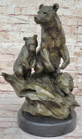 Load image into Gallery viewer, Large Mother Bear With her Cubs on a Rock Bronze Art Deco Marble Sculpture Barye
