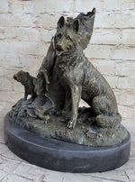 HUNTING DOGS ENGLISH BULLDOG SHEPHERD BRONZE SCULPTURE FIGURINE MARBLE BASE DECO