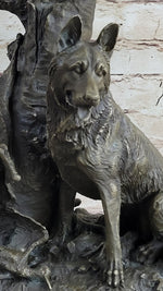 HUNTING DOGS ENGLISH BULLDOG SHEPHERD BRONZE SCULPTURE FIGURINE MARBLE BASE DECO