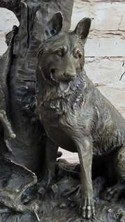 HUNTING DOGS ENGLISH BULLDOG SHEPHERD BRONZE SCULPTURE FIGURINE MARBLE BASE DECO