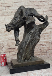 Mountain Lion Panther Puma Climbing Down Tree Bronze Metal Statue Sculpture on Marble Base