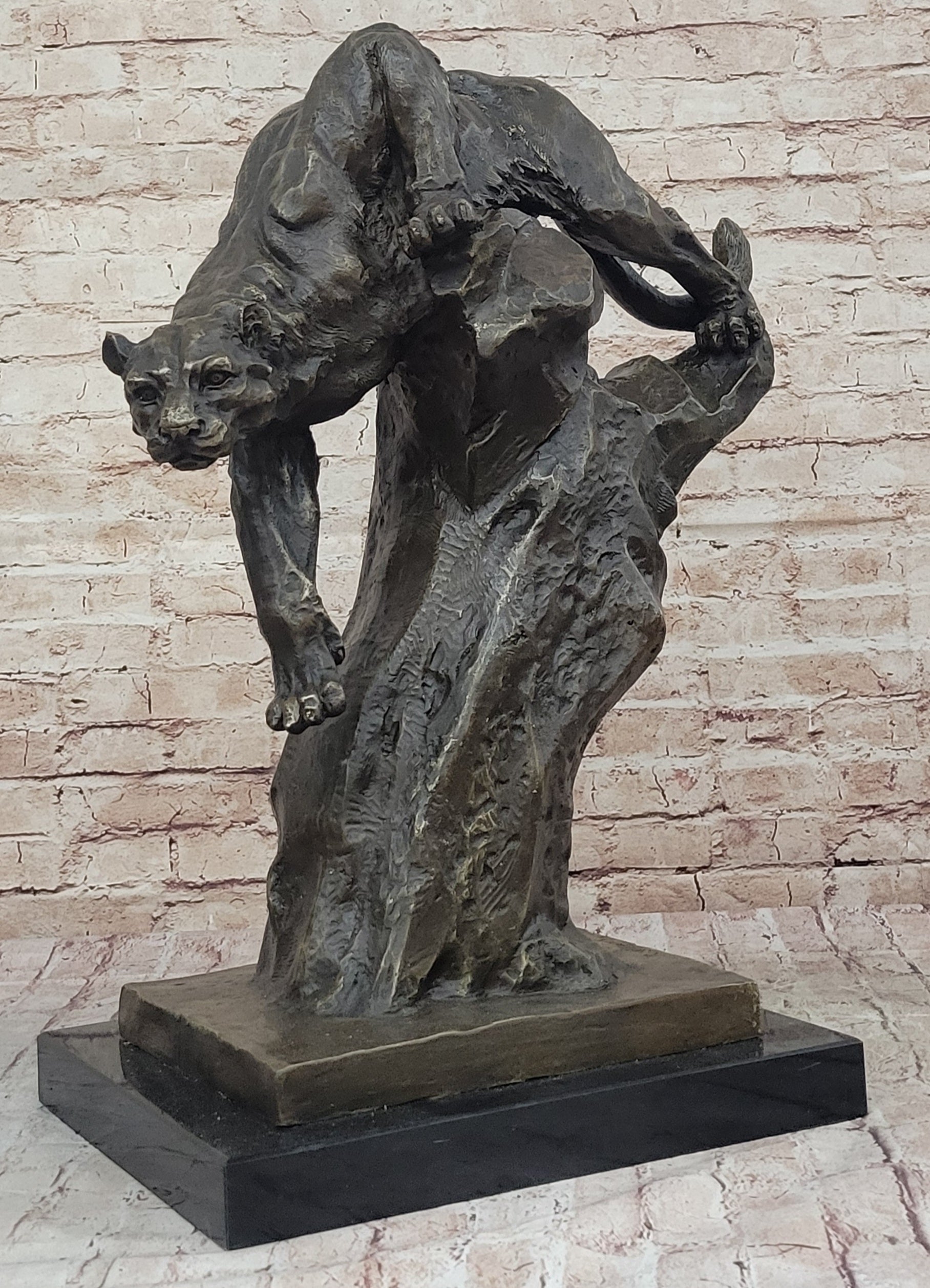 Mountain Lion Panther Puma Climbing Down Tree Bronze Metal Statue Sculpture on Marble Base