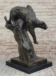 Mountain Lion Panther Puma Climbing Down Tree Bronze Metal Statue Sculpture on Marble Base