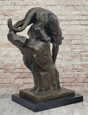 Mountain Lion Panther Puma Climbing Down Tree Bronze Metal Statue Sculpture on Marble Base