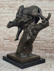 Mountain Lion Panther Puma Climbing Down Tree Bronze Metal Statue Sculpture on Marble Base