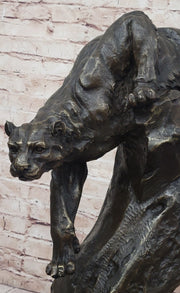 Mountain Lion Panther Puma Climbing Down Tree Bronze Metal Statue Sculpture on Marble Base